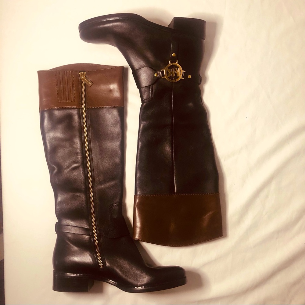 Women's Michael Kors Two Tone Buckle Leather Knee High Riding Boots Black 5.5